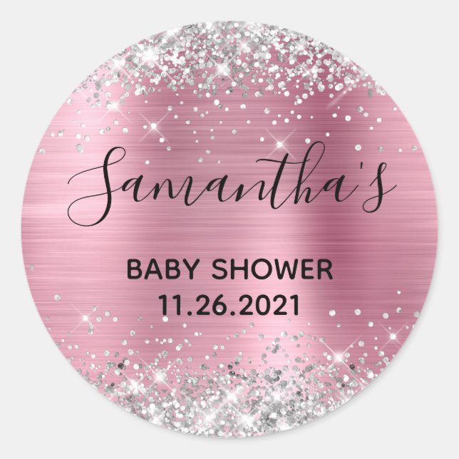 Sparkly Silver Glitter Pink Foil Baby Shower Classic Round Sticker (Front)