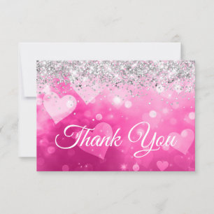 Sparkly Silver Glitter Pink Gradient Hearts Thank You Card