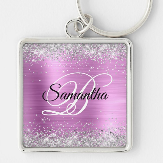 Sparkly Silver Glitter Pink Lavender Foil Monogram Key Ring (Front)