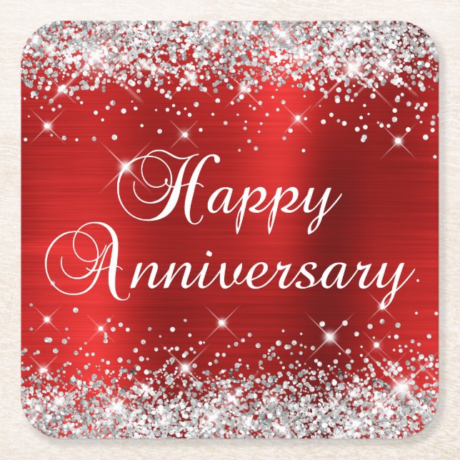 Sparkly Silver Glitter Red Foil Happy Anniversary Square Paper Coaster (Front)