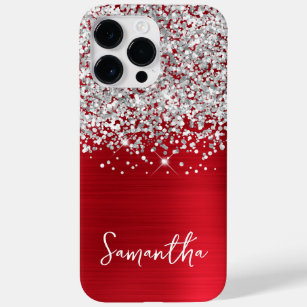 Sparkly Silver Glitter Red Glam Name Case-Mate iPhone 14 Pro Max Case