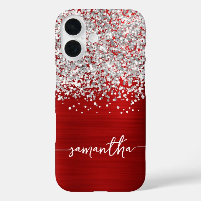 Sparkly Silver Glitter Red Glam Name Case-Mate iPhone Case (Back)