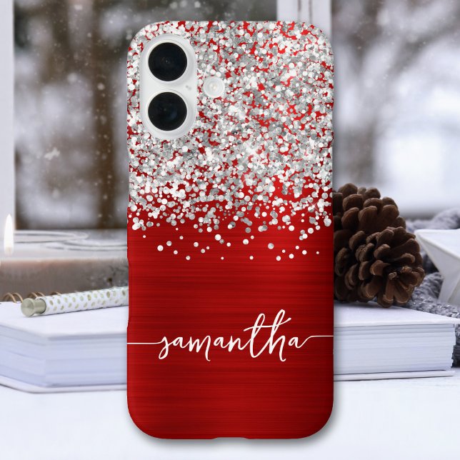 Sparkly Silver Glitter Red Glam Name Case-Mate iPhone Case (Sparkly Silver Glitter Red Glam Name Case-Mate iPhone Case)
