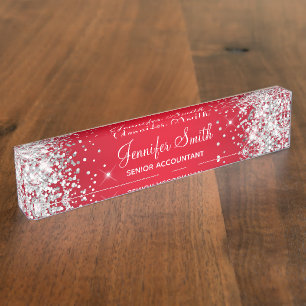 Sparkly Silver Glitter Red Gradient Nameplate