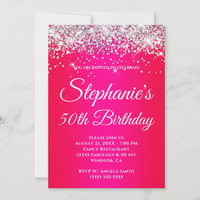 Sparkly Silver Glitter Red Magenta Gradient Invitation (Front)