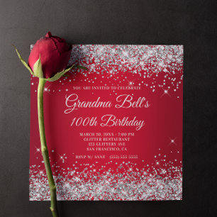 Sparkly Silver Glitter Red Ombre 100th Birthday Invitation