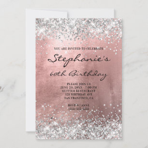 Sparkly Silver Glitter Rose Gold Foil Birthday Invitation