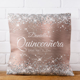 Sparkly Silver Glitter Rose Gold Foil Quinceañera Cushion