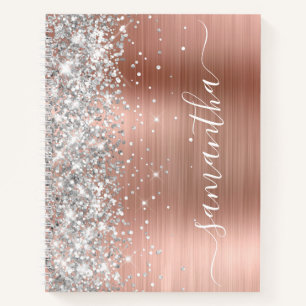 Sparkly Silver Glitter Rose Gold Glam Girly Name Notebook