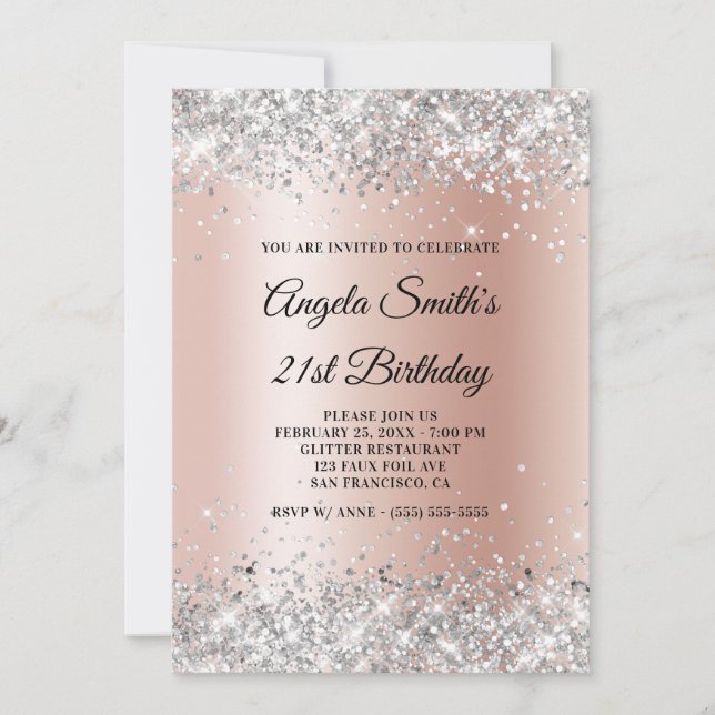 Sparkly Silver Glitter Rose Gold Shimmer Birthday Invitation (Front)