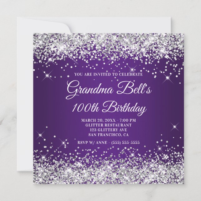 Sparkly Silver Glitter Royal Purple 100th Birthday Invitation (Front)