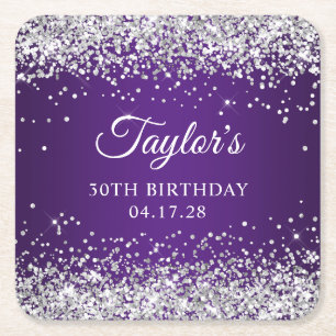 Sparkly Silver Glitter Royal Purple 30th Birthday Square Paper Coaster