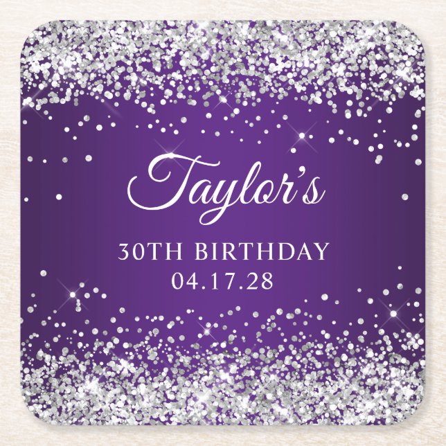 Sparkly Silver Glitter Royal Purple 30th Birthday Square Paper Coaster (Front)