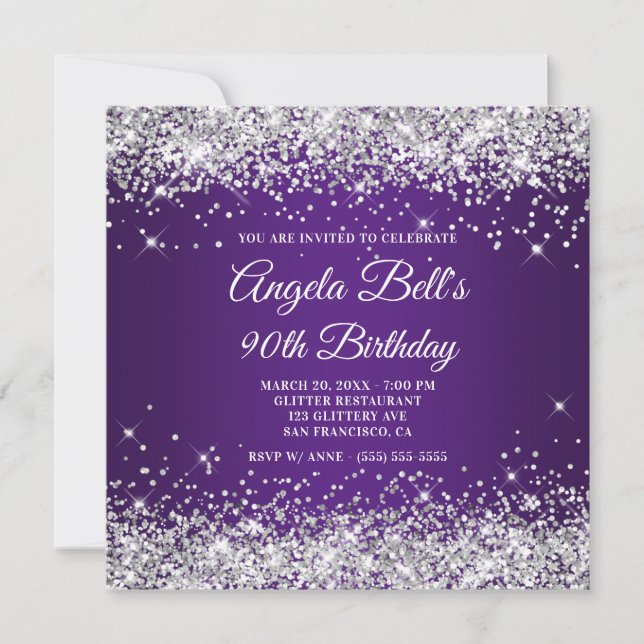 Sparkly Silver Glitter Royal Purple 90th Birthday Invitation (Front)