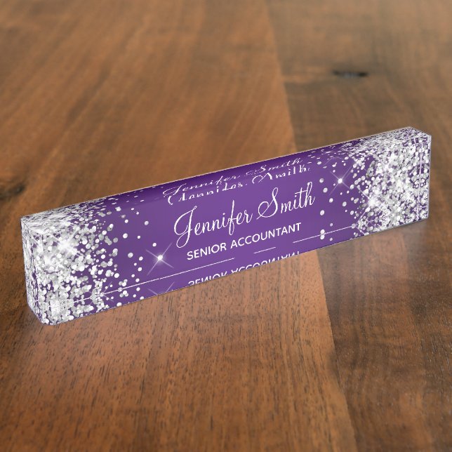 Sparkly Silver Glitter Royal Purple Gradient Nameplate (Side)