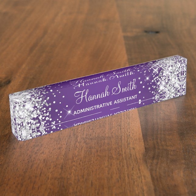 Sparkly Silver Glitter Royal Purple Nameplate (Side)