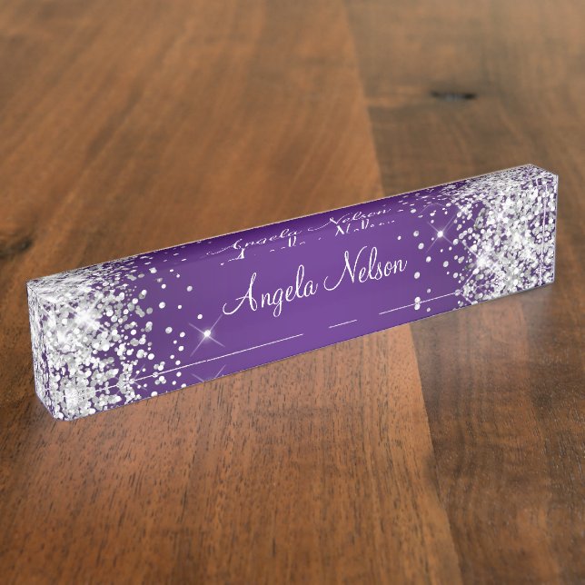 Sparkly Silver Glitter Royal Purple Ombre Nameplate (Side)
