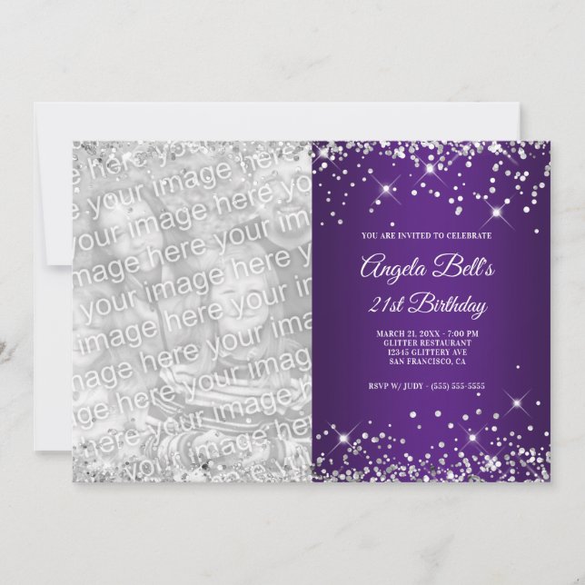 Sparkly Silver Glitter Royal Purple Photo Birthday Invitation (Front)