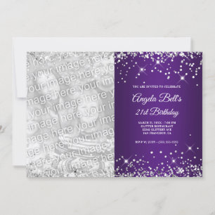 Sparkly Silver Glitter Royal Purple Photo Birthday Invitation