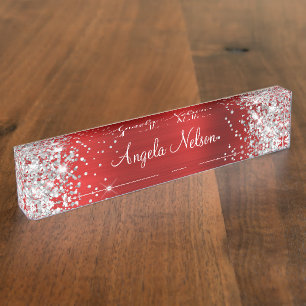 Sparkly Silver Glitter Ruby Red Foil Nameplate