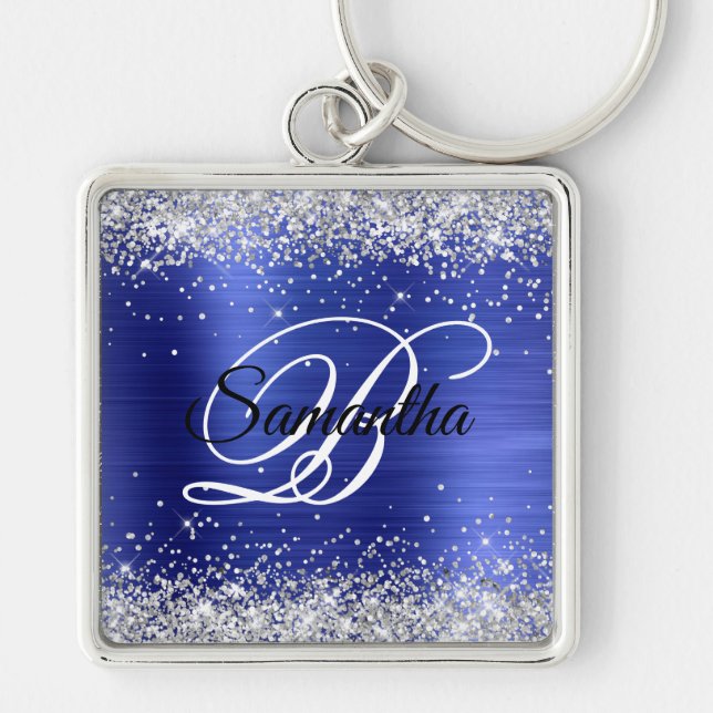 Sparkly Silver Glitter Sapphire Blue Foil Monogram Key Ring (Front)
