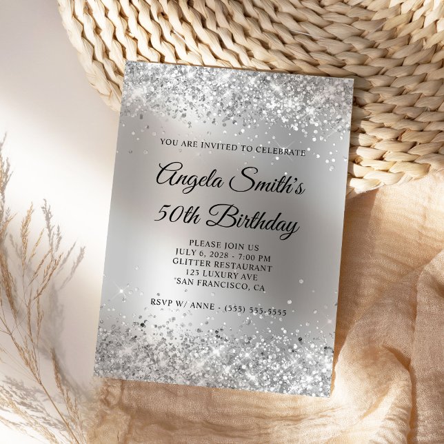 Sparkly Silver Glitter Satin Foil 50th Birthday Invitation (Create a modern silvery glitter birthday invite.)