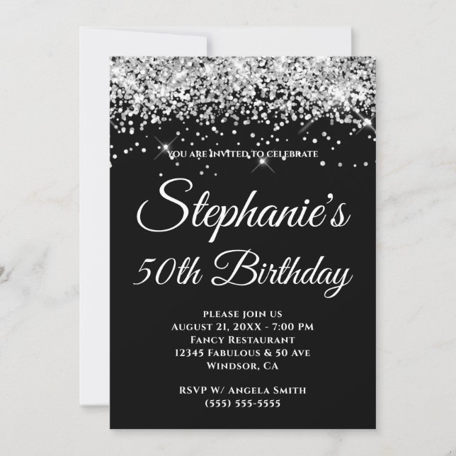 Sparkly Silver Glitter Solid Black Background Invitation (Front)