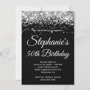 Sparkly Silver Glitter Solid Black Background Invitation