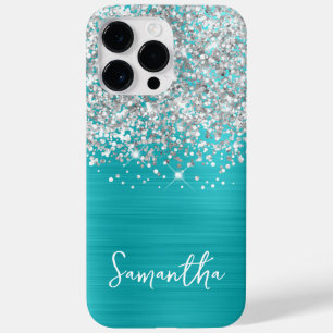 Sparkly Silver Glitter Turquoise Blue Glam Name Case-Mate iPhone 14 Pro Max Case