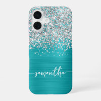 Sparkly Silver Glitter Turquoise Blue Glam Name