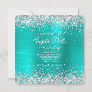 Sparkly Silver Glitter Turquoise Foil Monogrammed Invitation