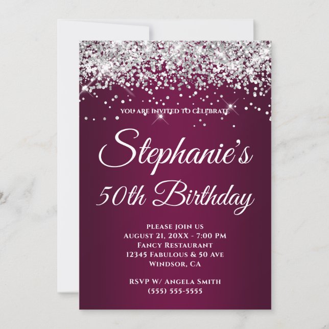 Sparkly Silver Glitter Wine Gradient Invitation (Front)
