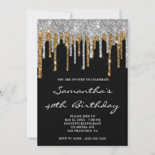 Sparkly Silver Gold Glitter Drips Black Birthday Invitation