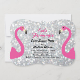 Sparkly Silver Let's Flamingle Sweet Sixteen Invitation