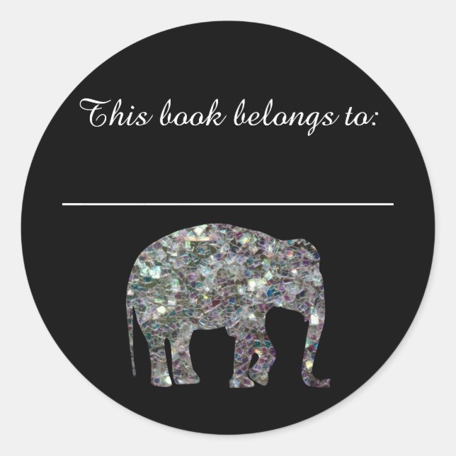 Sparkly silver mosaic Elephant Bookplate Sticker (Front)