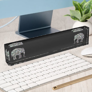 Sparkly silver mosaic glitter Elephant black Nameplate