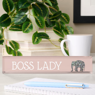 Sparkly silver mosaic glitter Elephant Boss Lady Nameplate