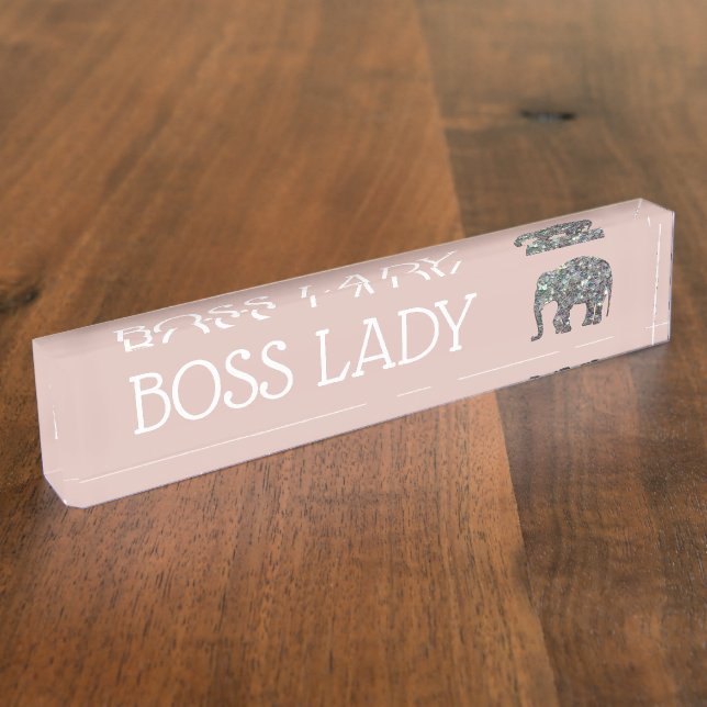 Sparkly silver mosaic glitter Elephant Boss Lady Nameplate (Side)