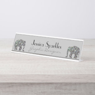 Sparkly silver mosaic glitter Elephant grey Desk Name Plate