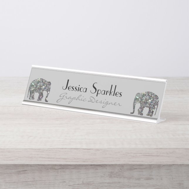 Sparkly silver mosaic glitter Elephant grey Desk Name Plate (Front)