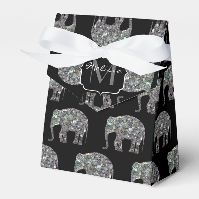 Sparkly silver mosaic glitter Elephant Monogram Favour Box (Front Side)