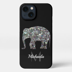Sparkly silver mosaic glitter Elephant Monogram iPhone 13 Case