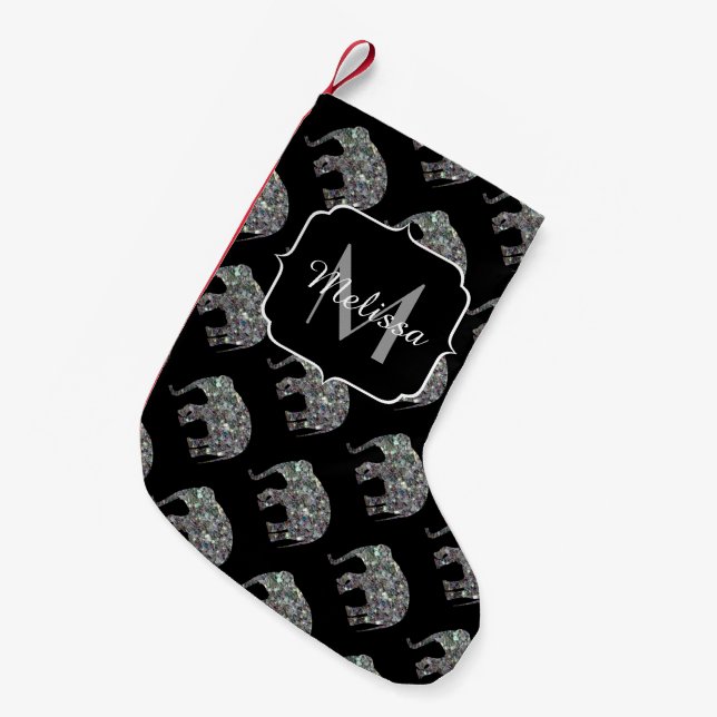 Sparkly silver mosaic glitter Elephant Monogram Small Christmas Stocking (Front (Hanging))