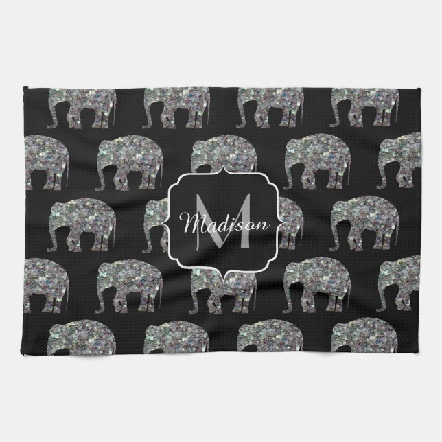 Sparkly silver mosaic glitter Elephant Monogram Tea Towel (Horizontal)