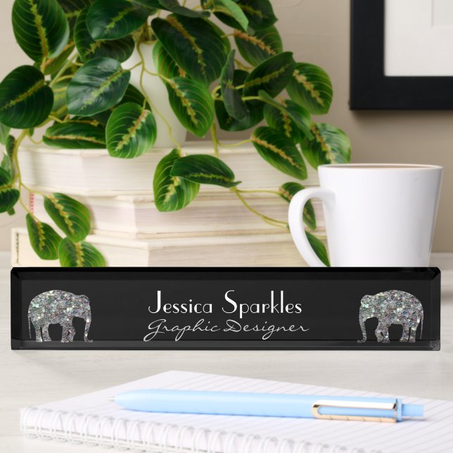 Sparkly silver mosaic glitter Elephant Nameplate