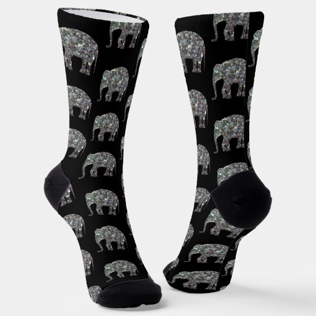 Sparkly silver mosaic glitter Elephant pattern  Socks (Angled)