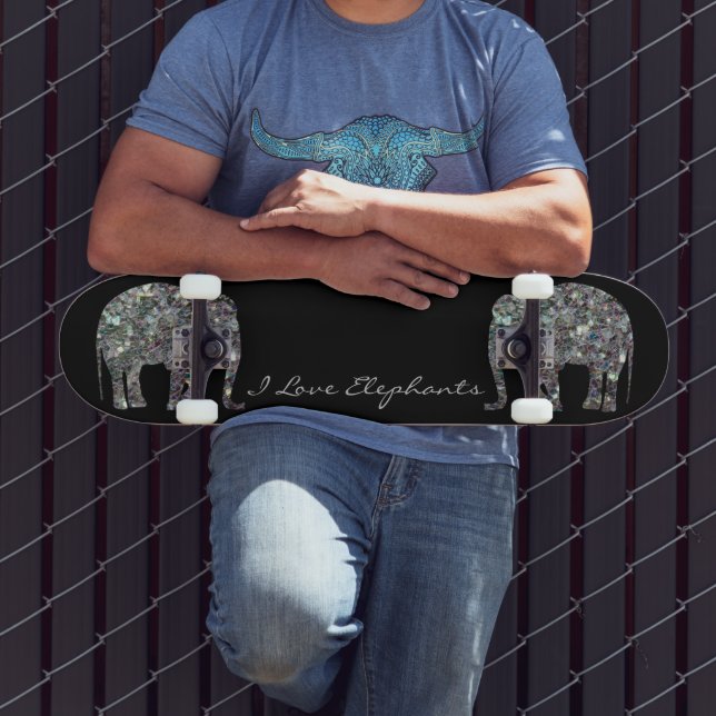 Sparkly silver mosaic glitter Elephant Personalise Skateboard (Outdoor 3)
