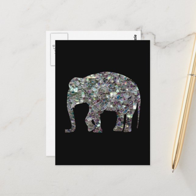 Sparkly silver mosaic glitter Elephant Postcard (Front/Back In Situ)