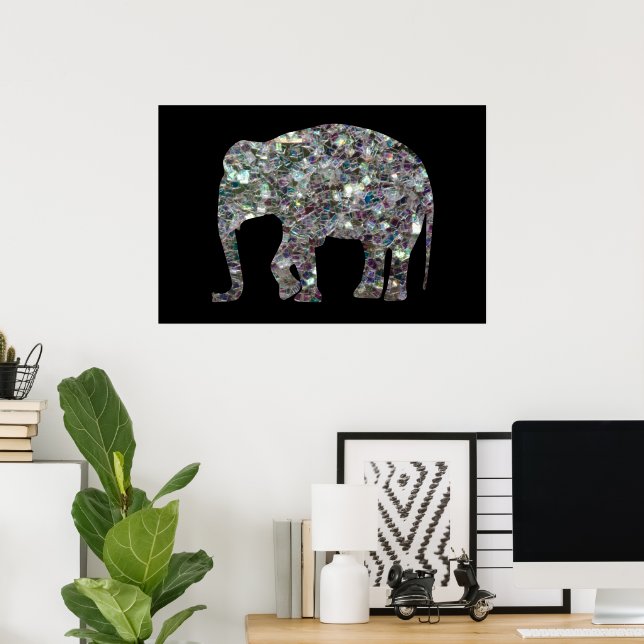 Sparkly silver mosaic glitter Elephant Poster (Home Office)