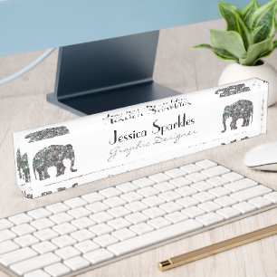 Sparkly silver mosaic glitter Elephant white Nameplate